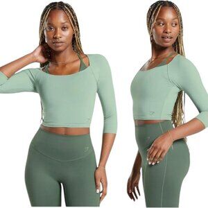 Gymshark Elevate 3/4 Sleeve Open Back Cropped Fitness/Active Top - Green - L